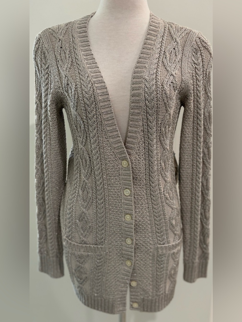 NWT Ralph Lauren Metallic Cable Knit Cardigan Sweater Beige Taupe Medium